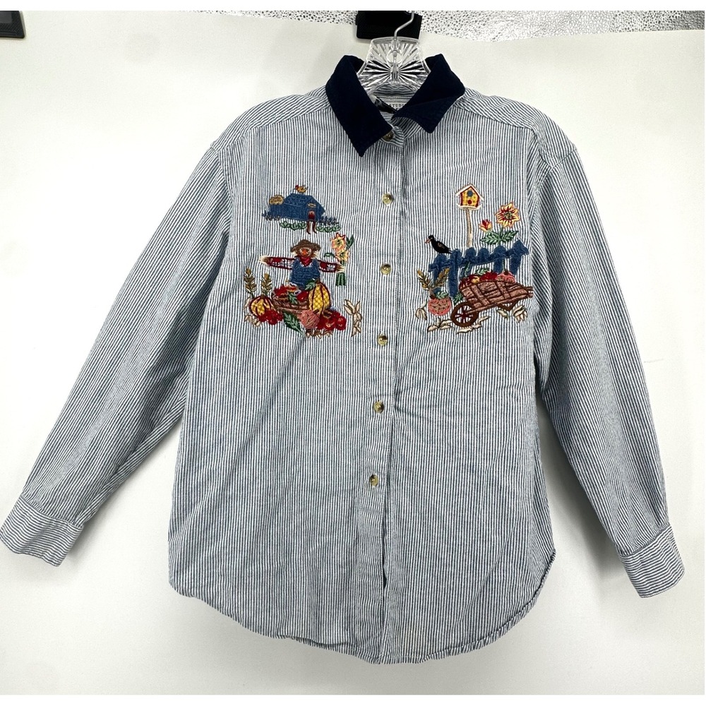 Studio Collection Petite Blue Stripe Embroidered Scarecrow Shirt Corduroy Collar